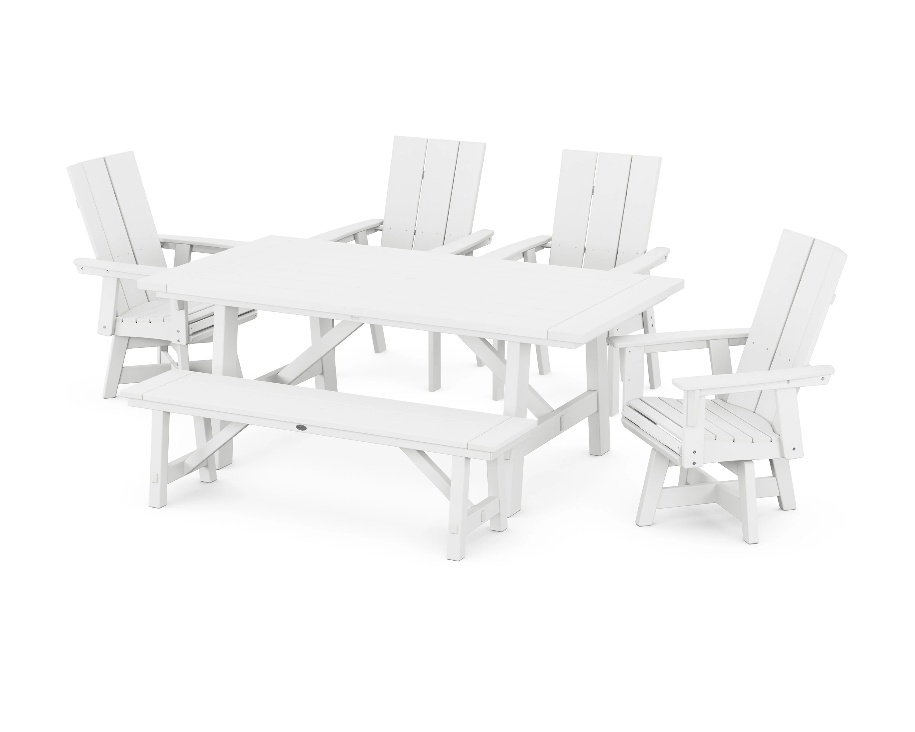 Modern Curveback Adirondack Swivel Chair 6-Piece Rustic Farmhouse Dining Set with Bench - Image 10