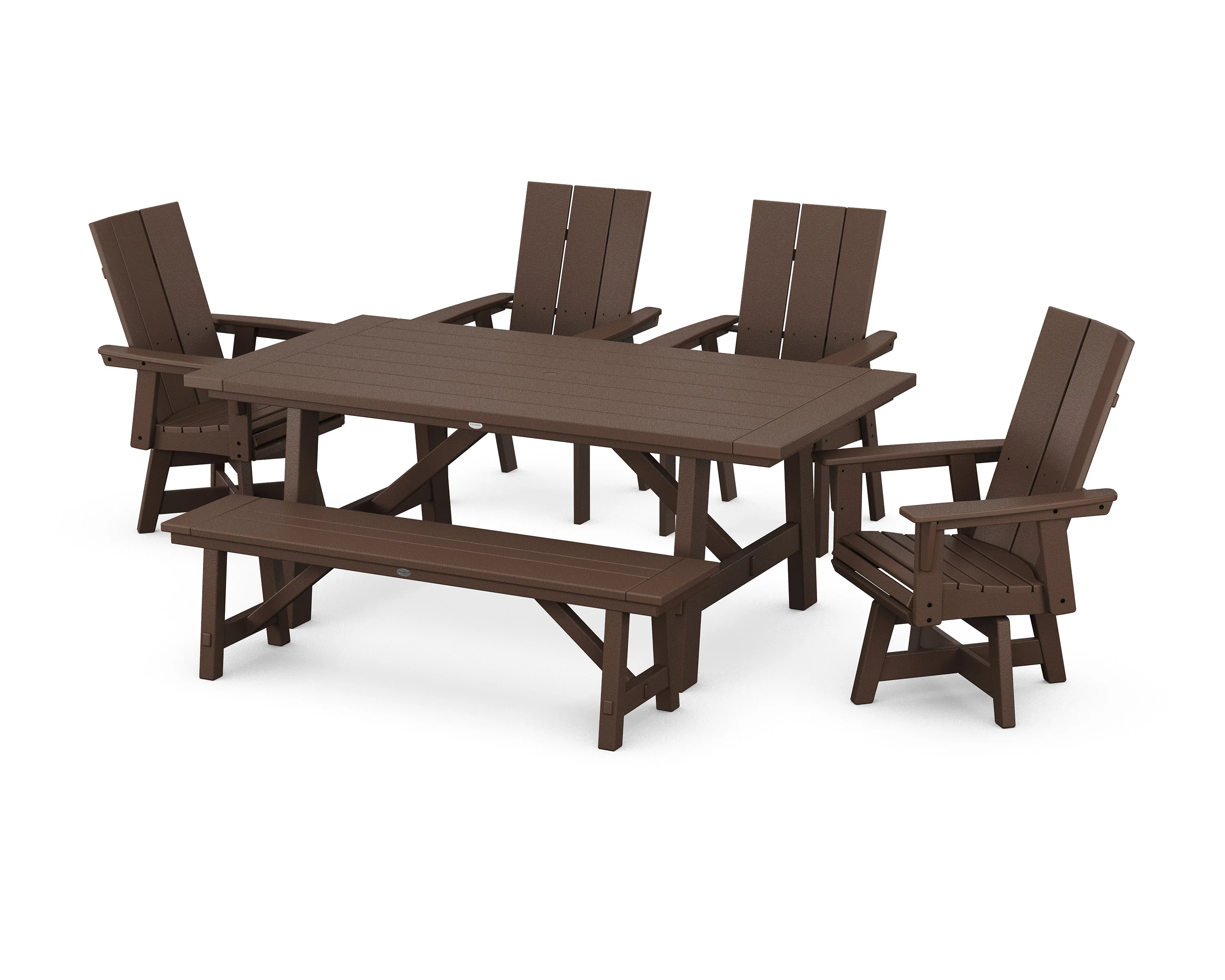 Modern Curveback Adirondack Swivel Chair 6-Piece Rustic Farmhouse Dining Set with Bench - Image 12