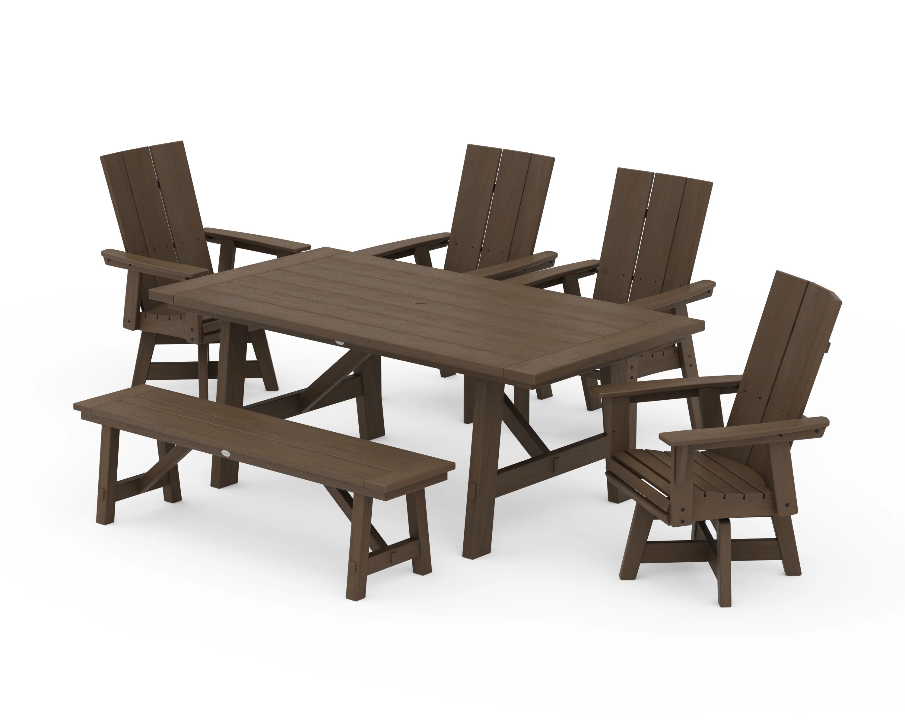 Modern Curveback Adirondack Swivel Chair 6-Piece Rustic Farmhouse Dining Set with Bench - Image 14