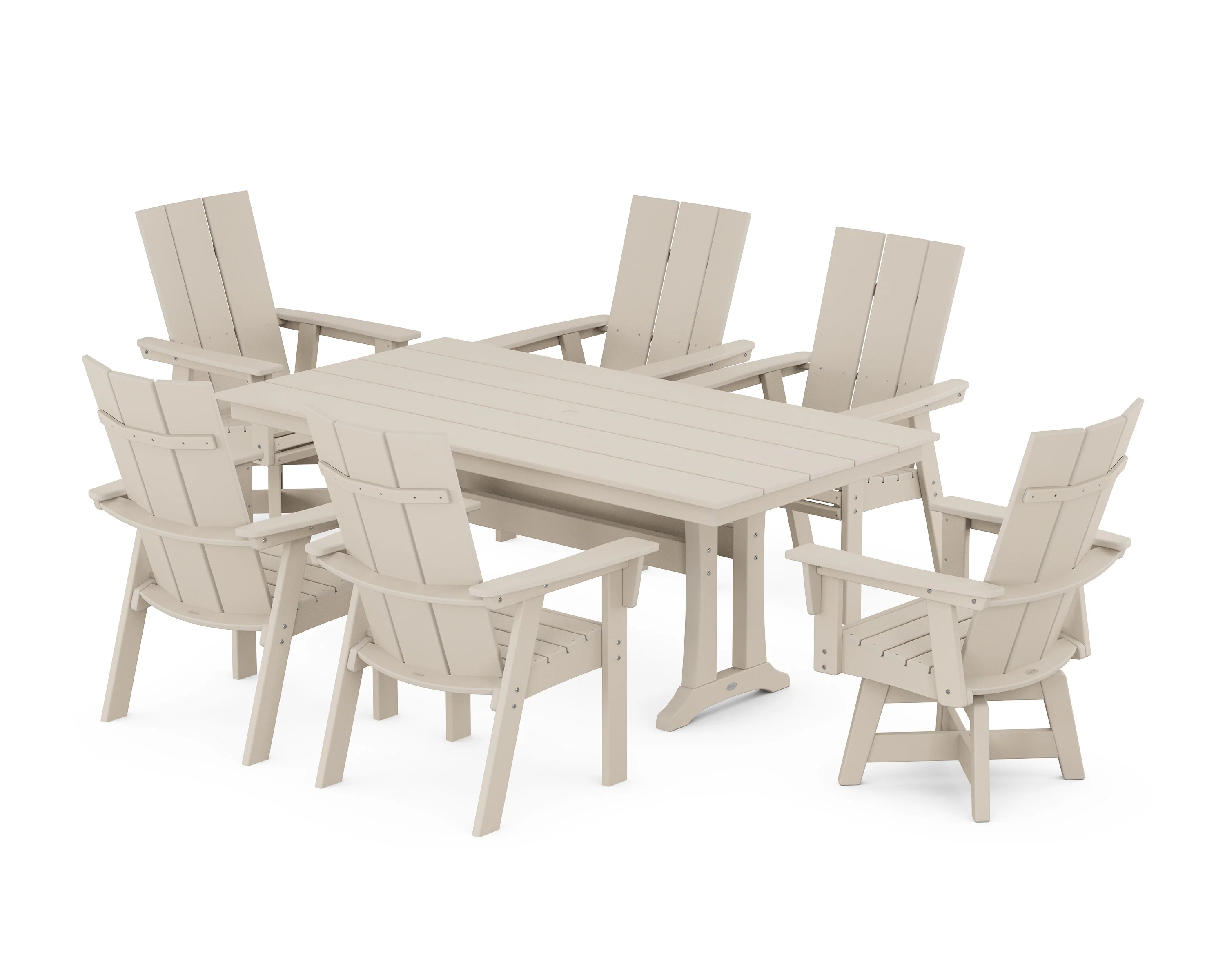 Modern Curveback Adirondack Swivel Chair 7-Piece Farmhouse Dining Set With Trestle Legs - Image 10