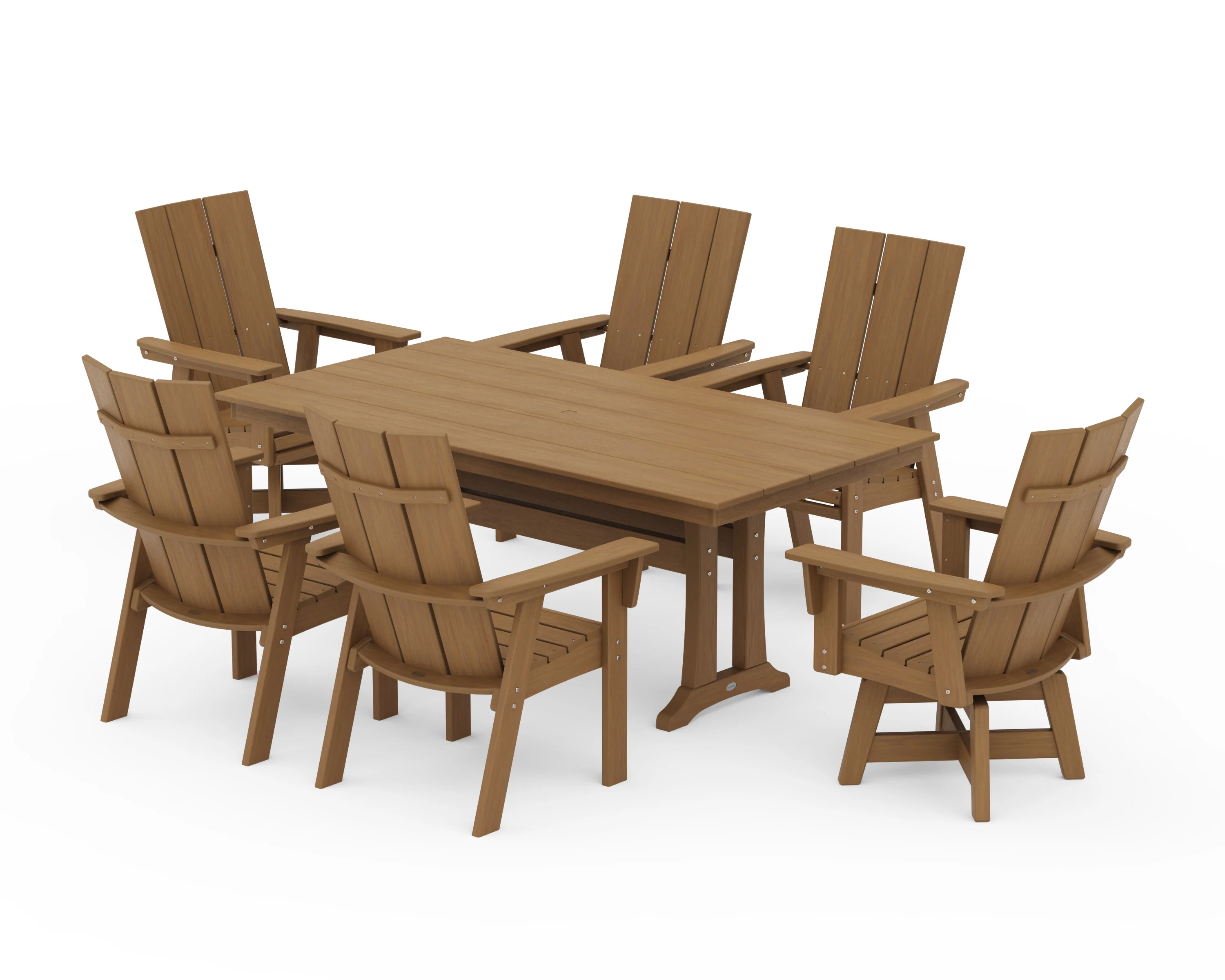 Modern Curveback Adirondack Swivel Chair 7-Piece Farmhouse Dining Set With Trestle Legs - Image 15