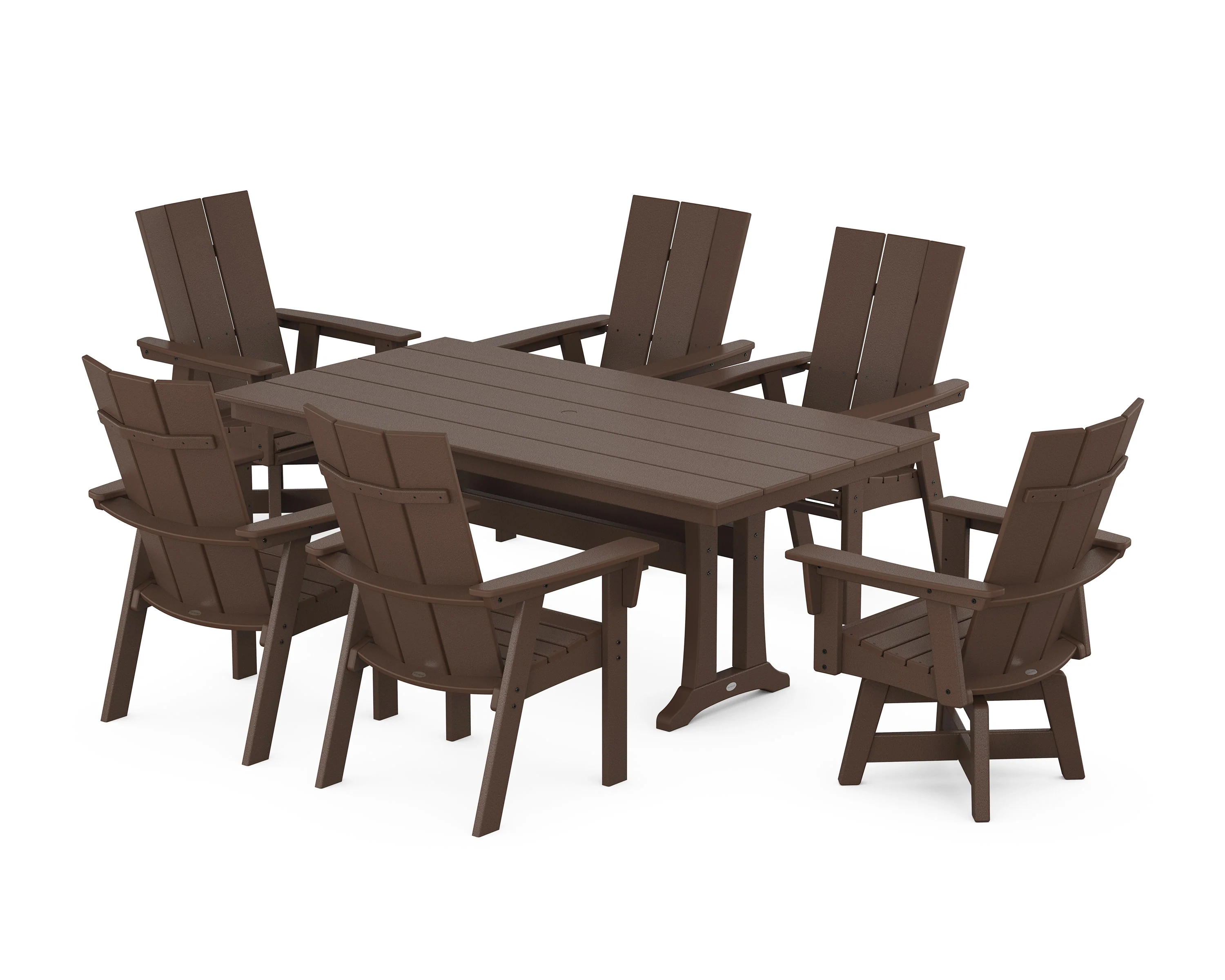 Modern Curveback Adirondack Swivel Chair 7-Piece Farmhouse Dining Set With Trestle Legs - Image 6