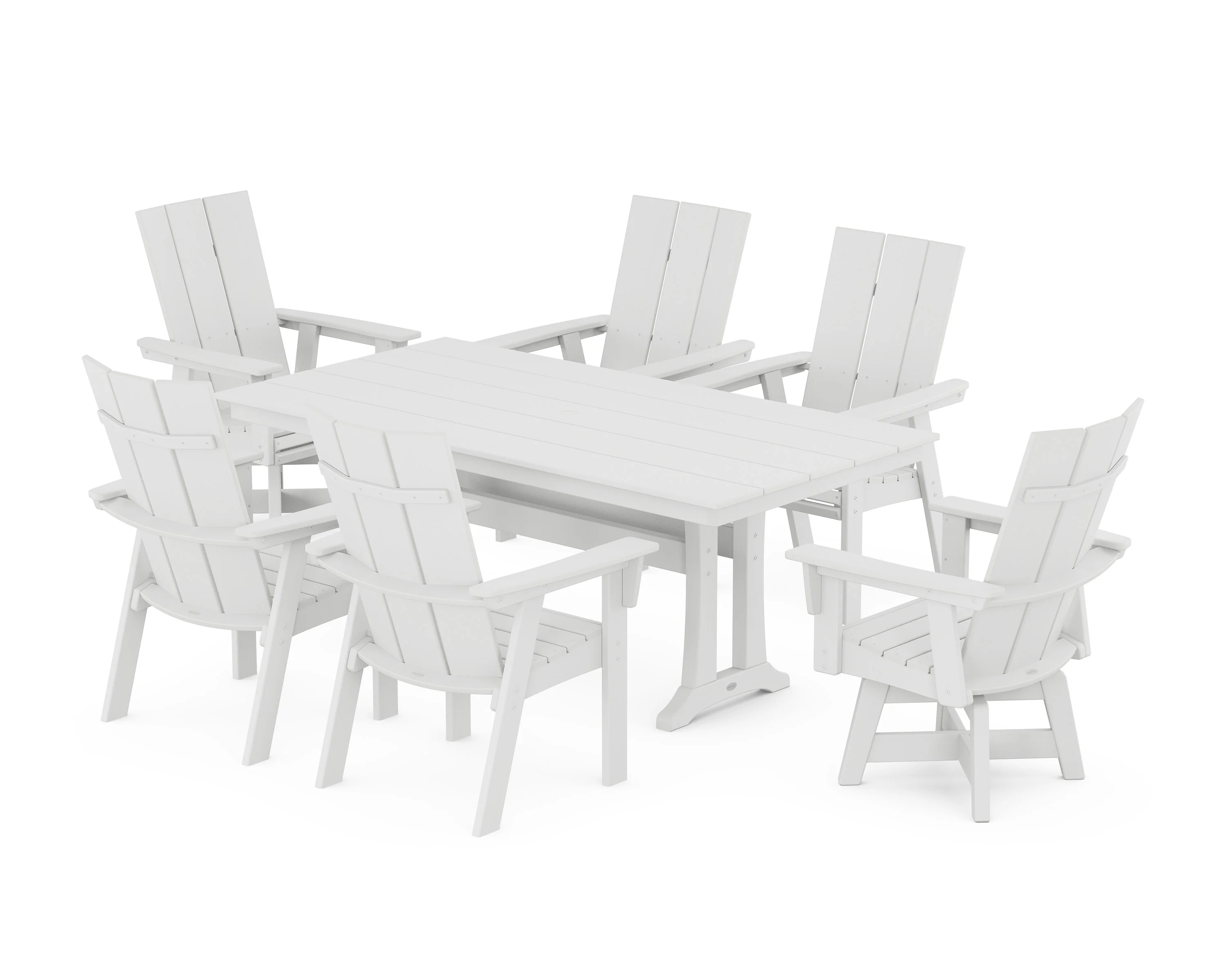 Modern Curveback Adirondack Swivel Chair 7-Piece Farmhouse Dining Set With Trestle Legs - Image 7