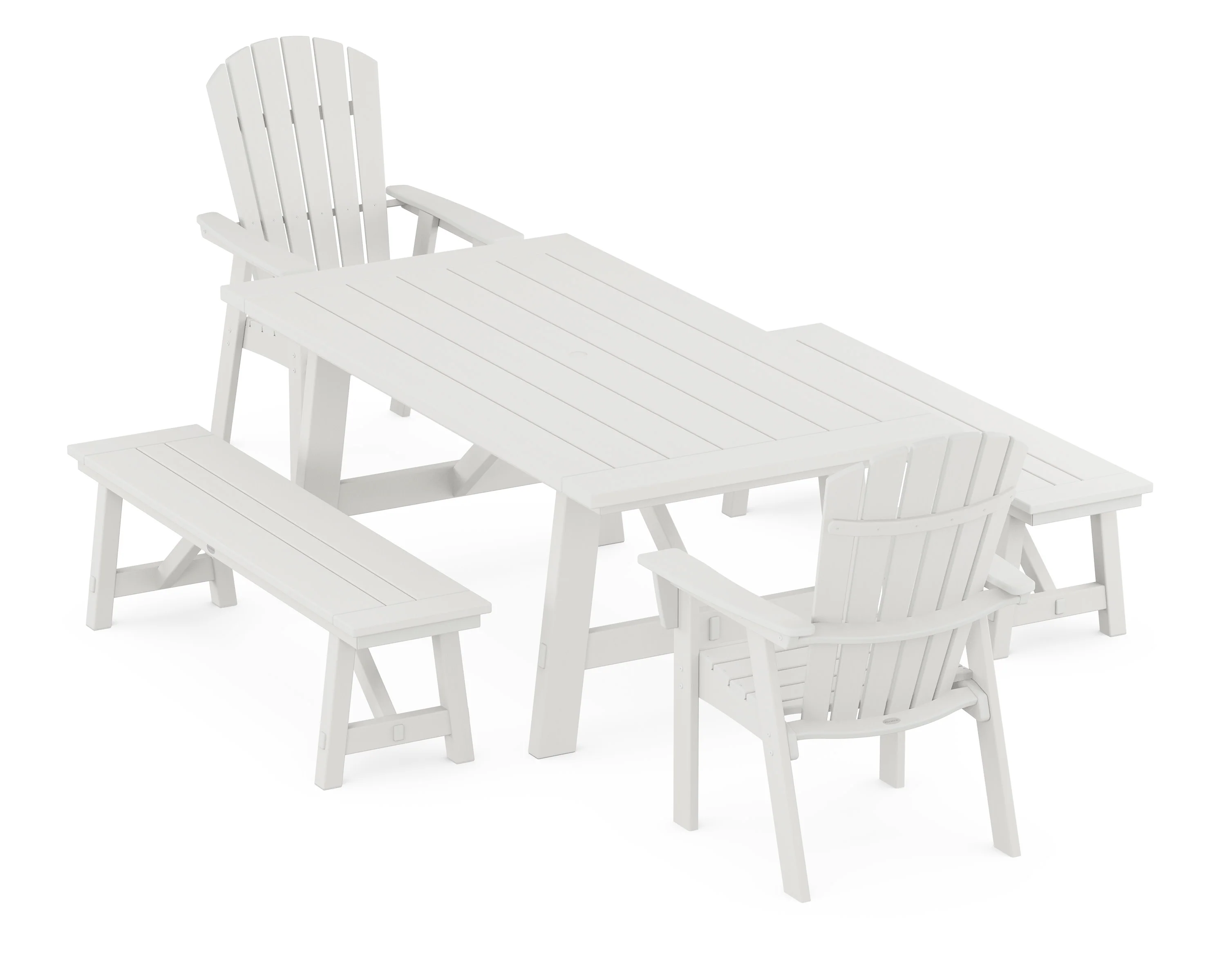 Nautical Curveback Adirondack 5-Piece Rustic Farmhouse Dining Set With Benches - Image 10