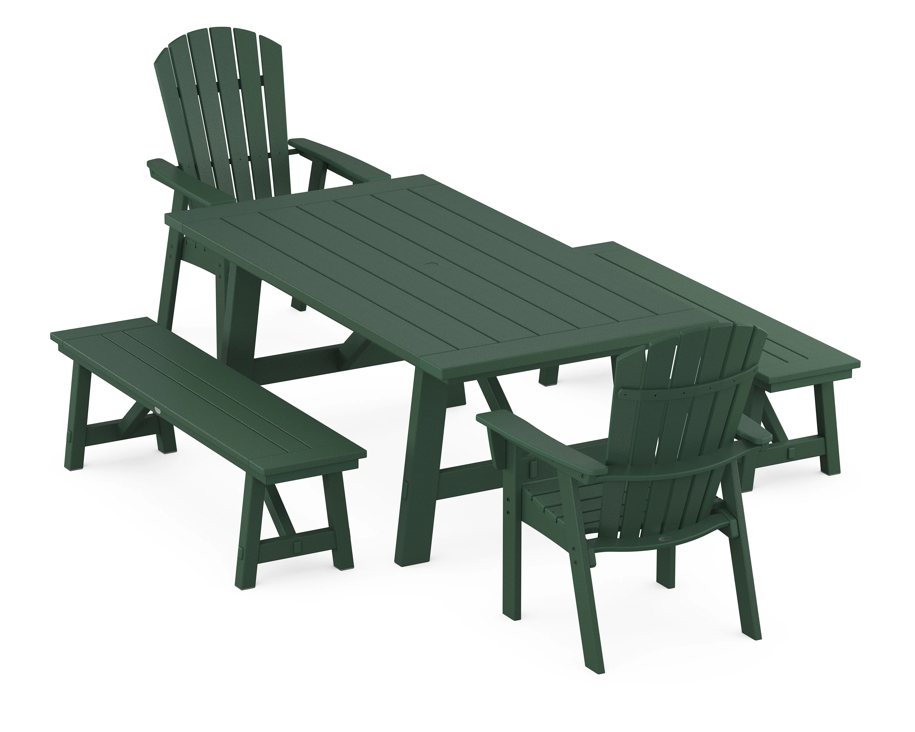 Nautical Curveback Adirondack 5-Piece Rustic Farmhouse Dining Set With Benches - Image 4