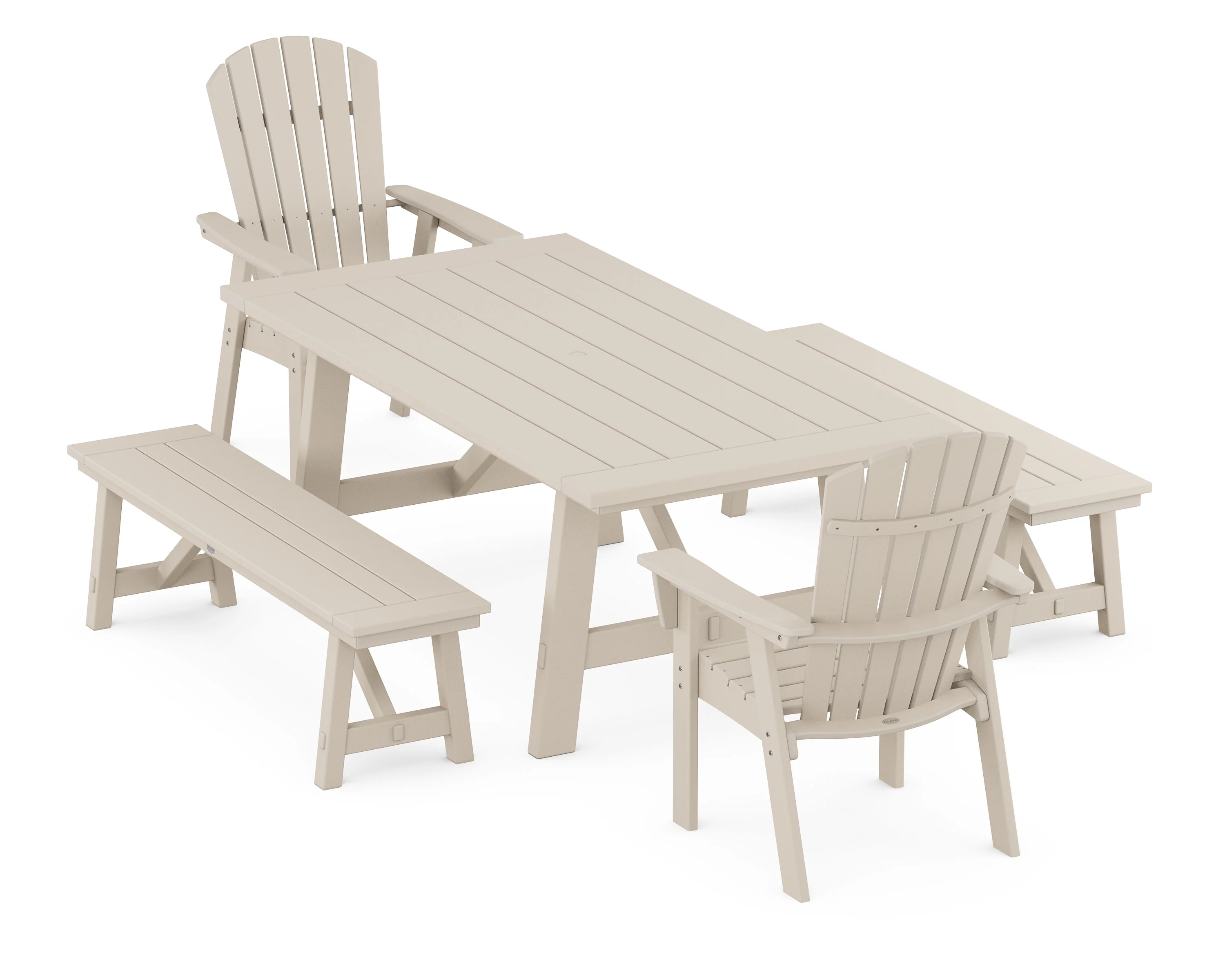 Nautical Curveback Adirondack 5-Piece Rustic Farmhouse Dining Set With Benches - Image 5