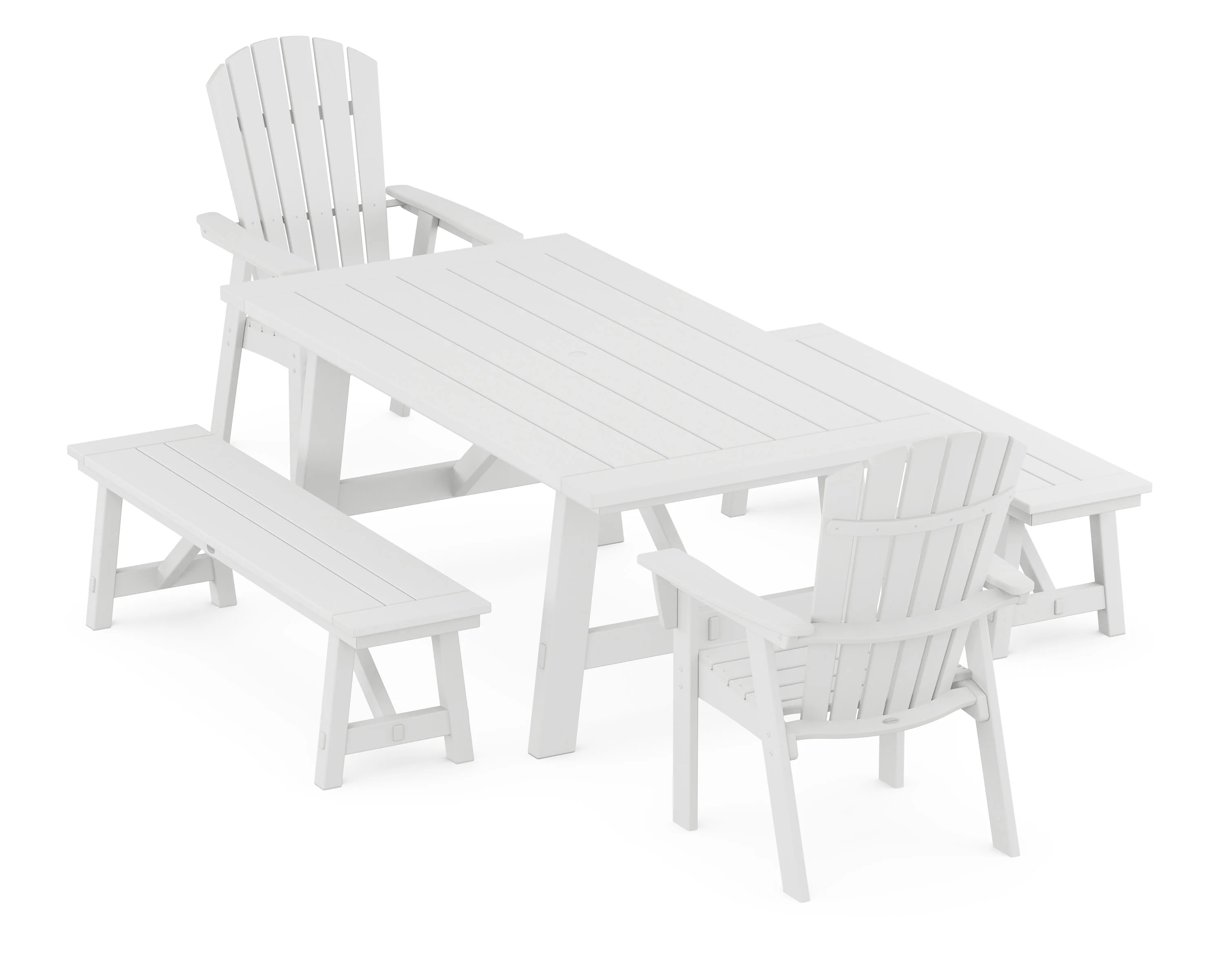 Nautical Curveback Adirondack 5-Piece Rustic Farmhouse Dining Set With Benches - Image 8