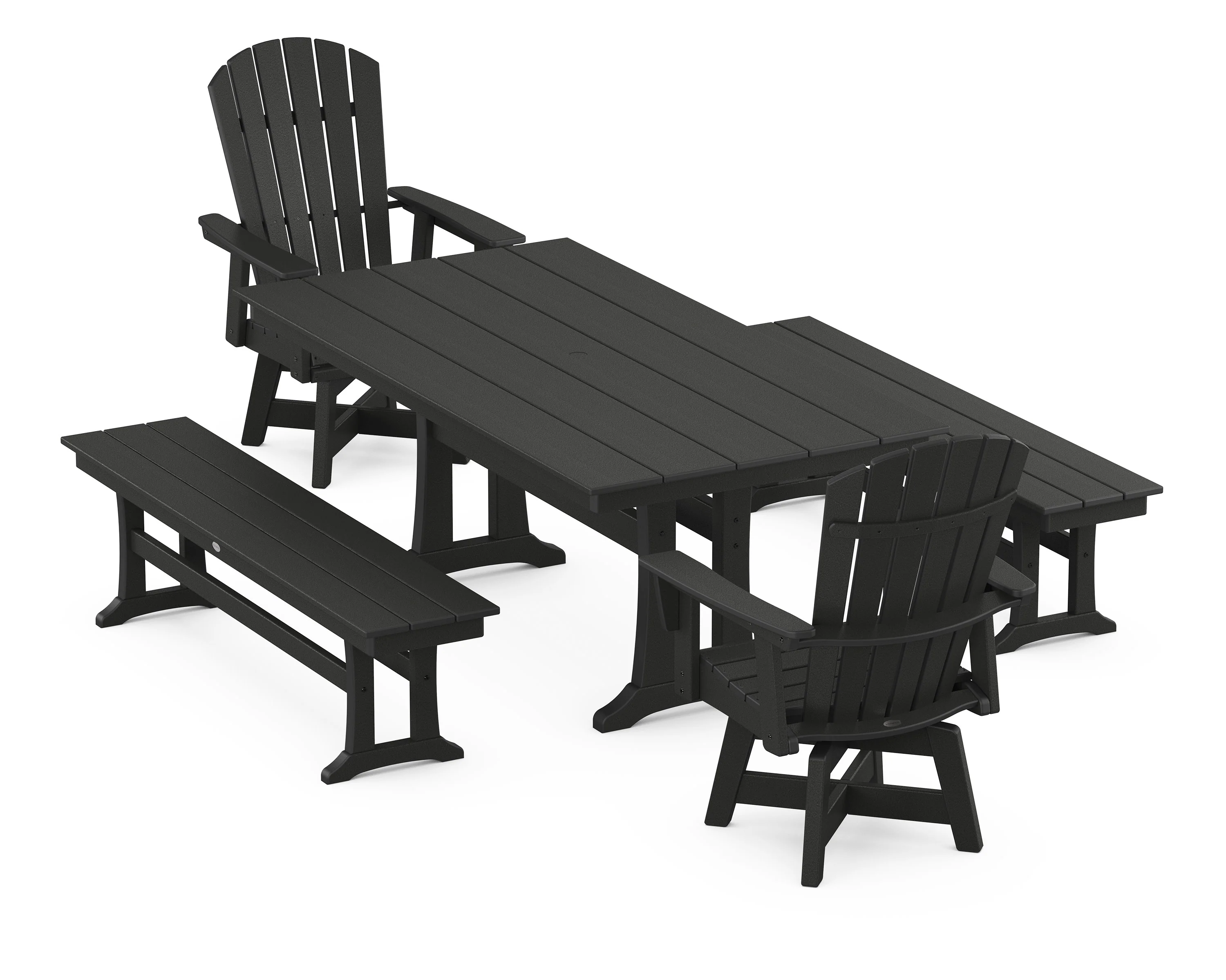 Nautical Curveback Adirondack Swivel Chair 5-Piece Farmhouse Dining Set With Trestle Legs and Benches - Image 10