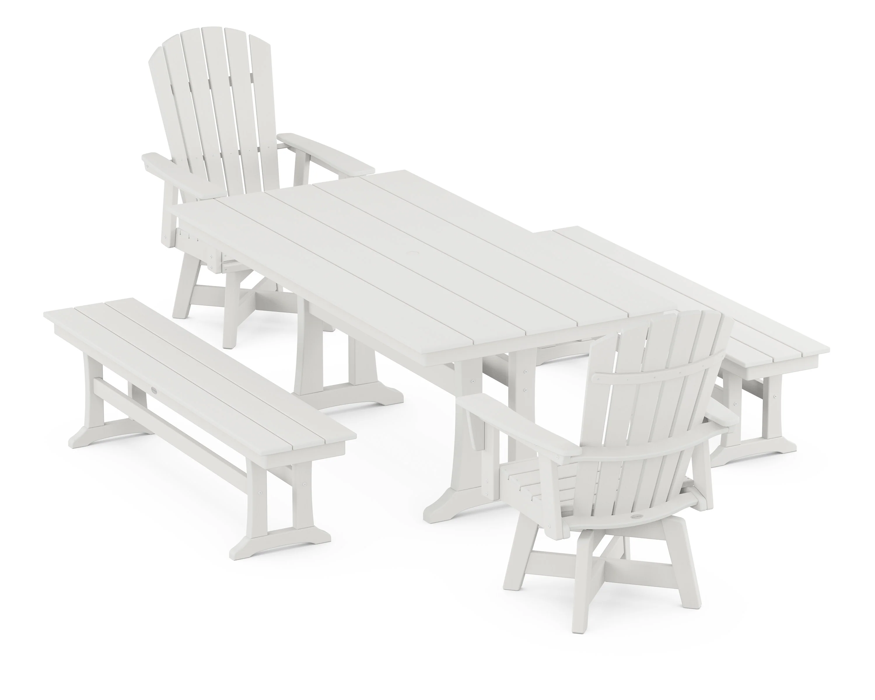 Nautical Curveback Adirondack Swivel Chair 5-Piece Farmhouse Dining Set With Trestle Legs and Benches - Image 11