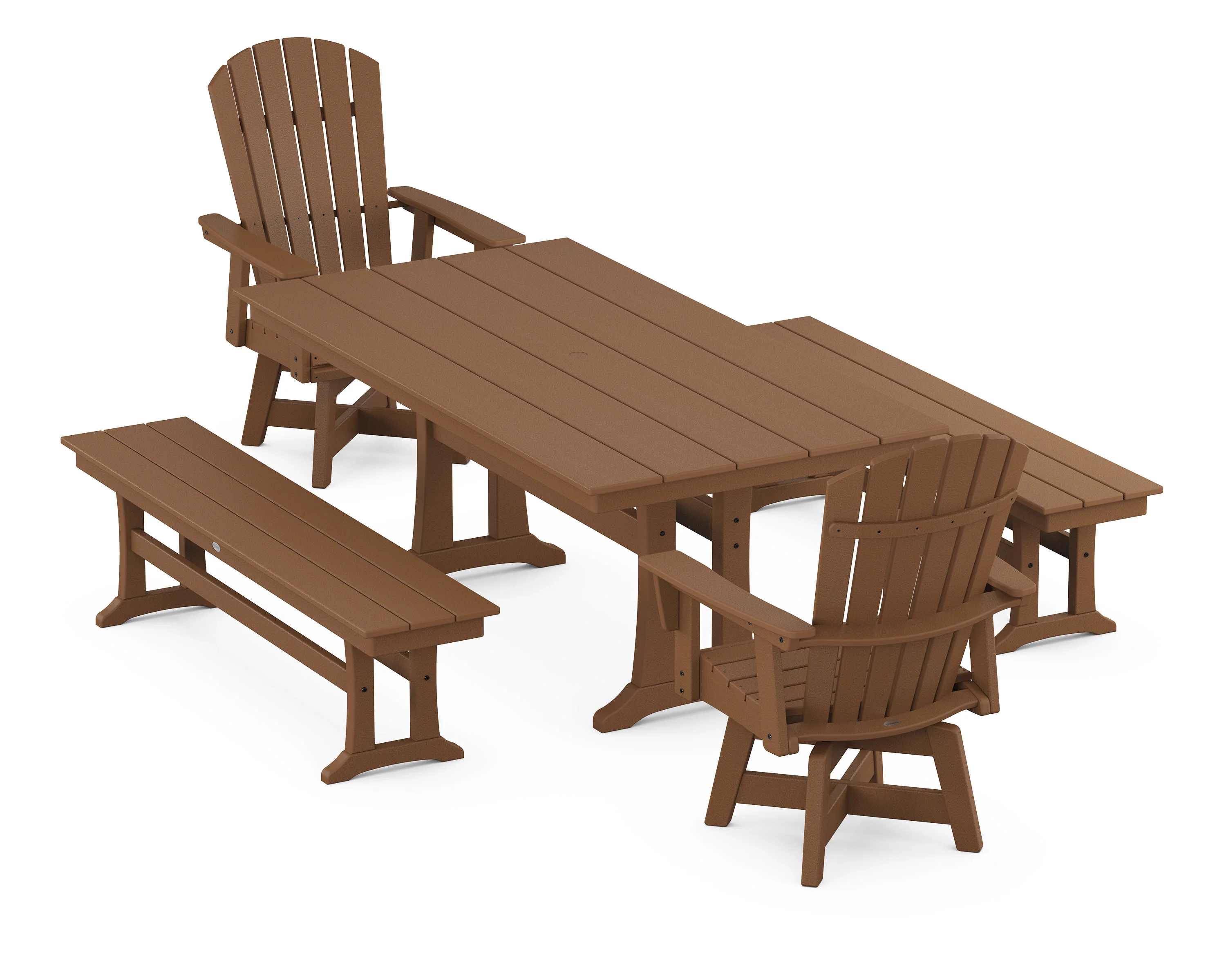 Nautical Curveback Adirondack Swivel Chair 5-Piece Farmhouse Dining Set With Trestle Legs and Benches - Image 12