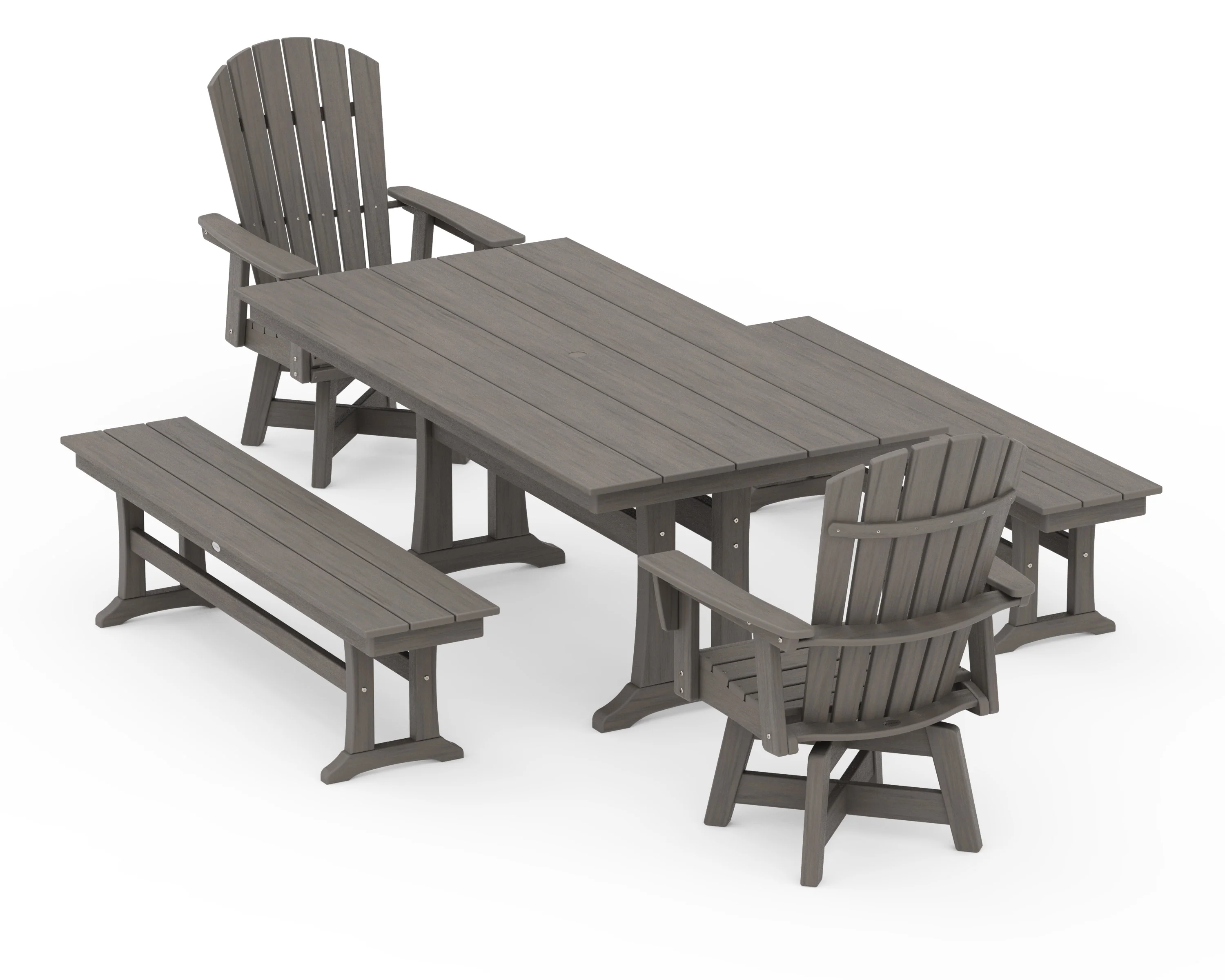 Nautical Curveback Adirondack Swivel Chair 5-Piece Farmhouse Dining Set With Trestle Legs and Benches - Image 13