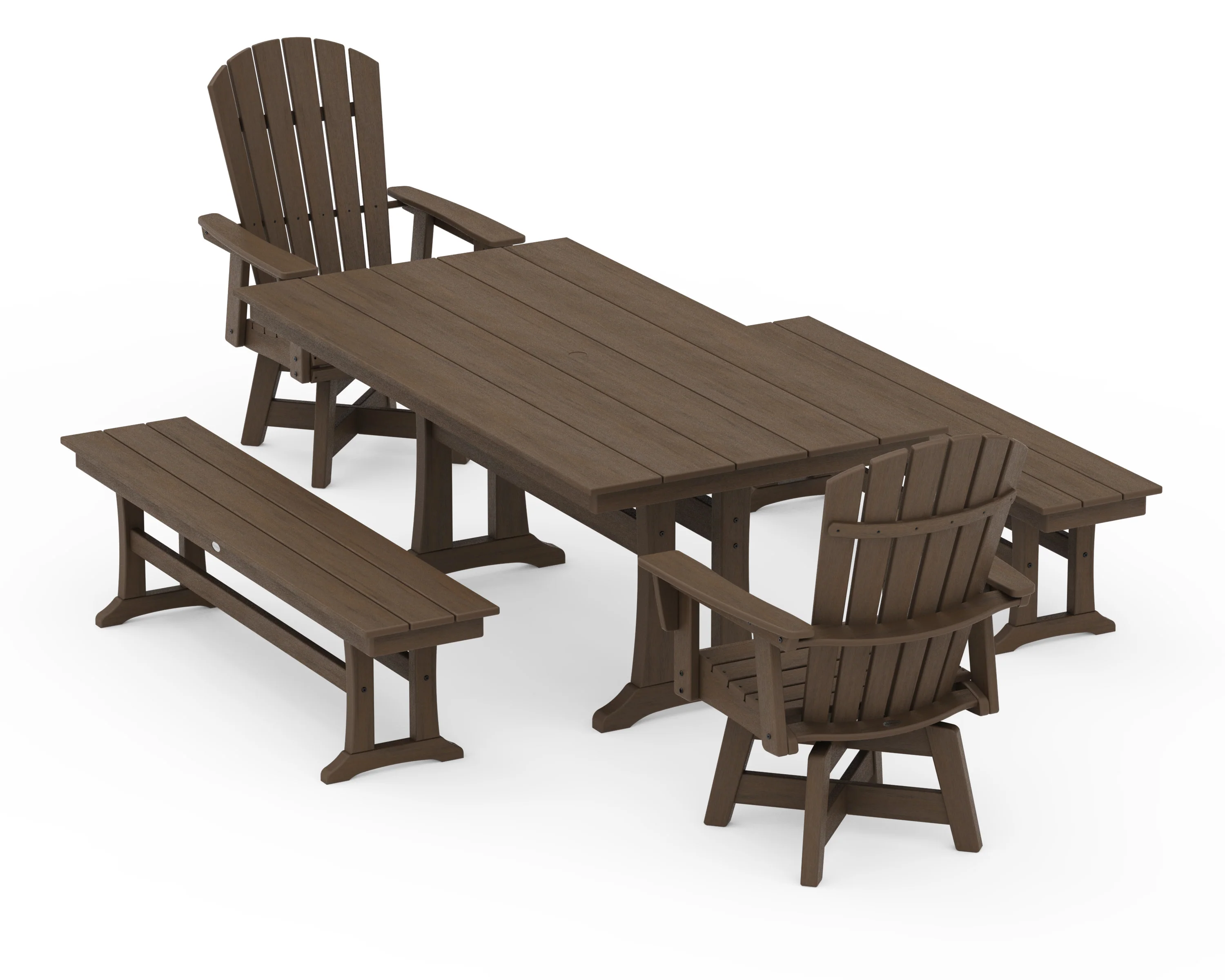 Nautical Curveback Adirondack Swivel Chair 5-Piece Farmhouse Dining Set With Trestle Legs and Benches - Image 14