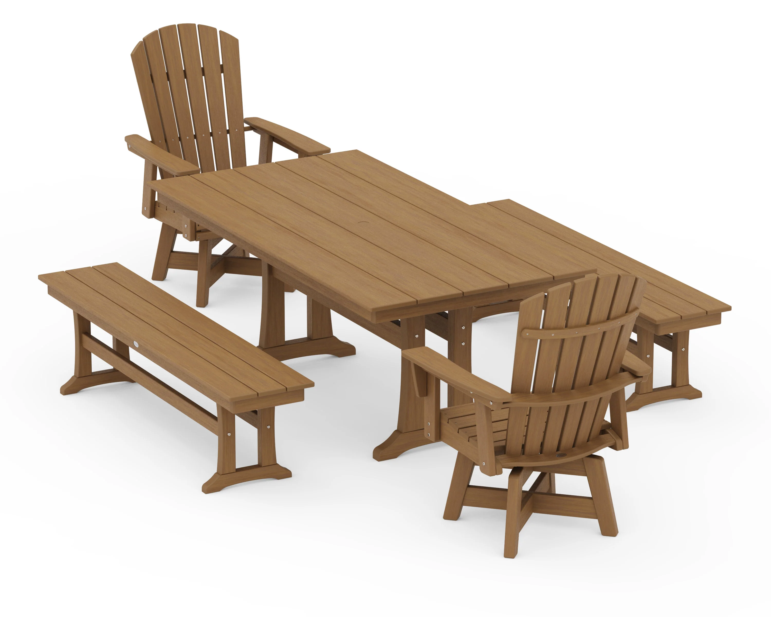 Nautical Curveback Adirondack Swivel Chair 5-Piece Farmhouse Dining Set With Trestle Legs and Benches - Image 15