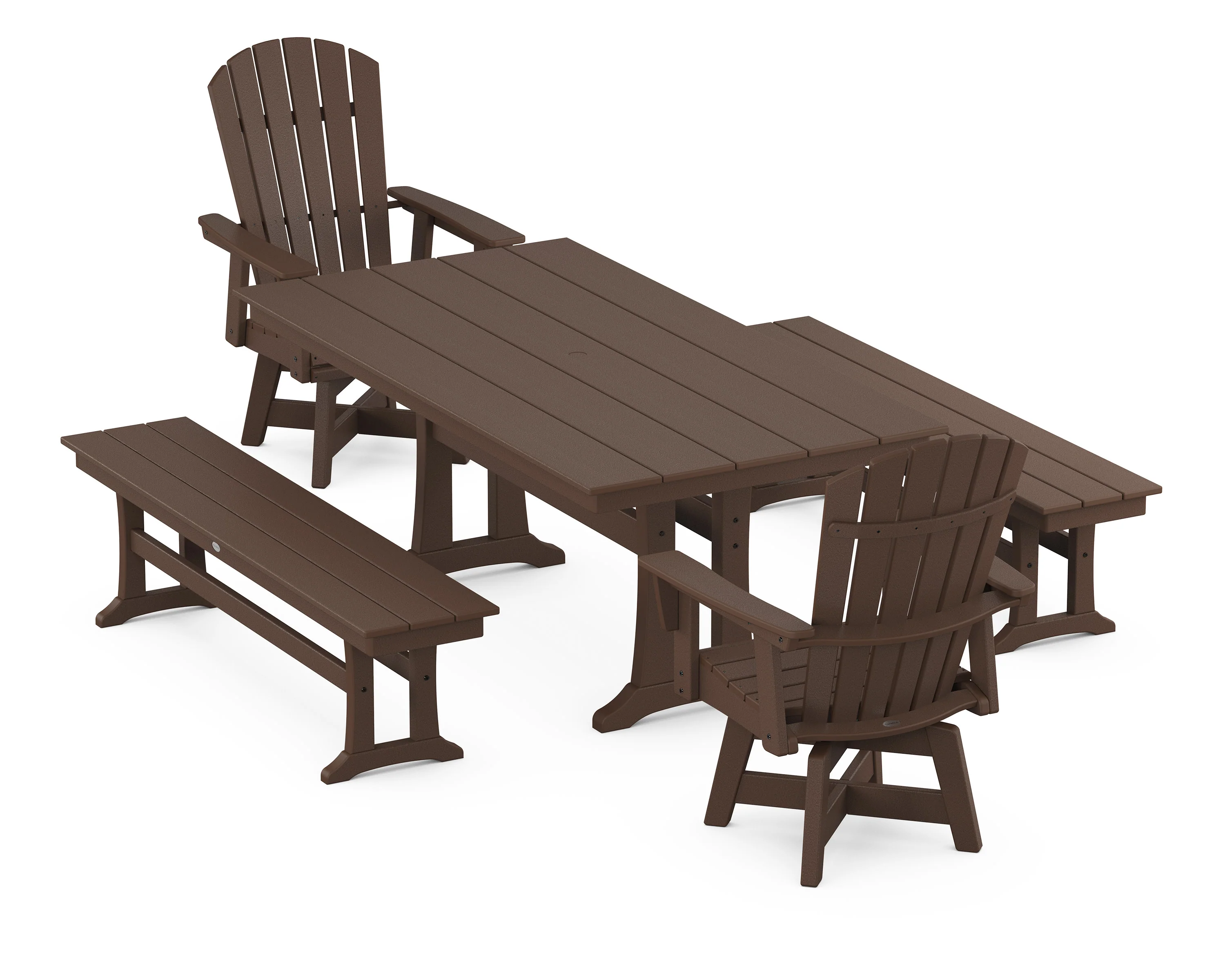 Nautical Curveback Adirondack Swivel Chair 5-Piece Farmhouse Dining Set With Trestle Legs and Benches - Image 4