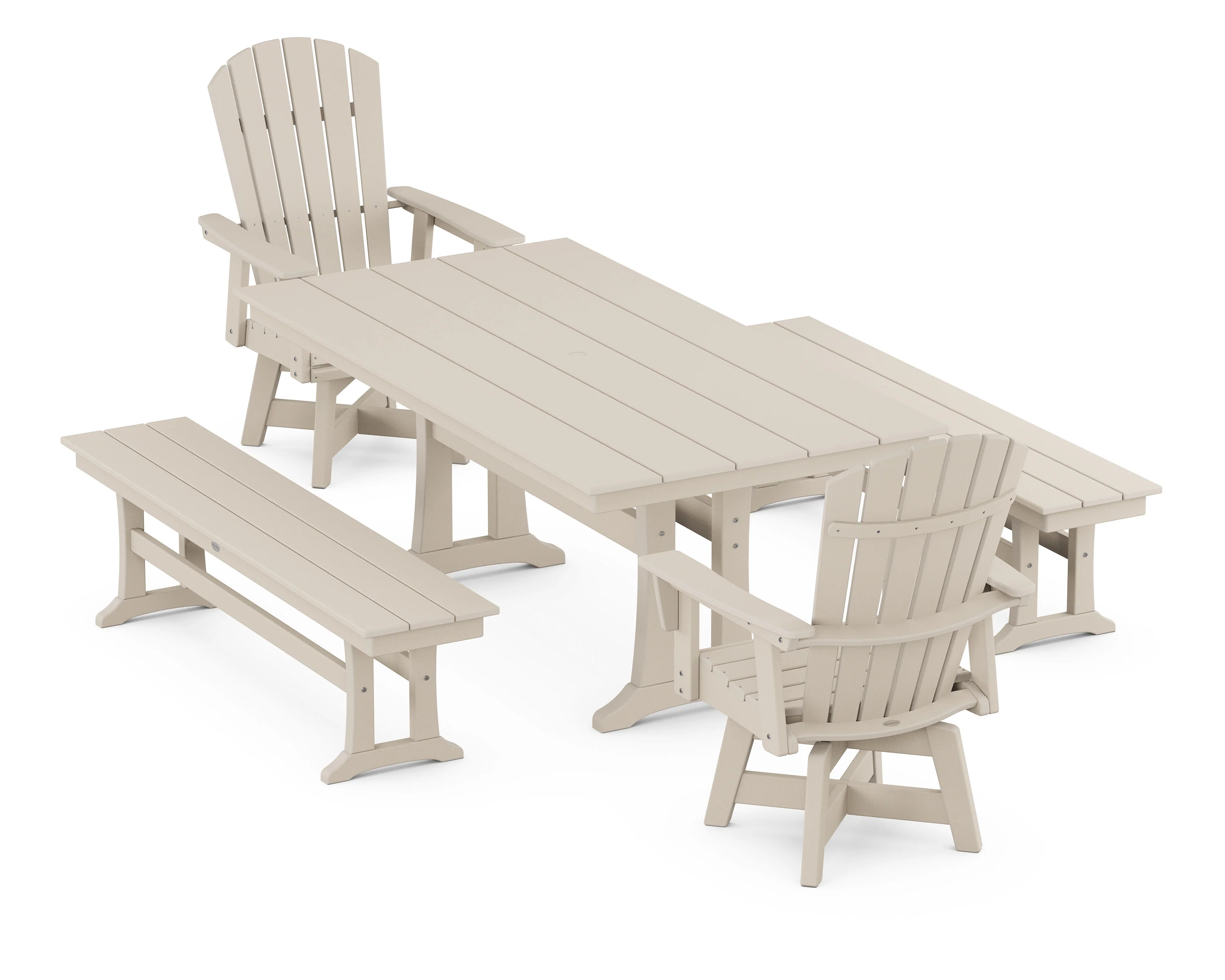 Nautical Curveback Adirondack Swivel Chair 5-Piece Farmhouse Dining Set With Trestle Legs and Benches - Image 6