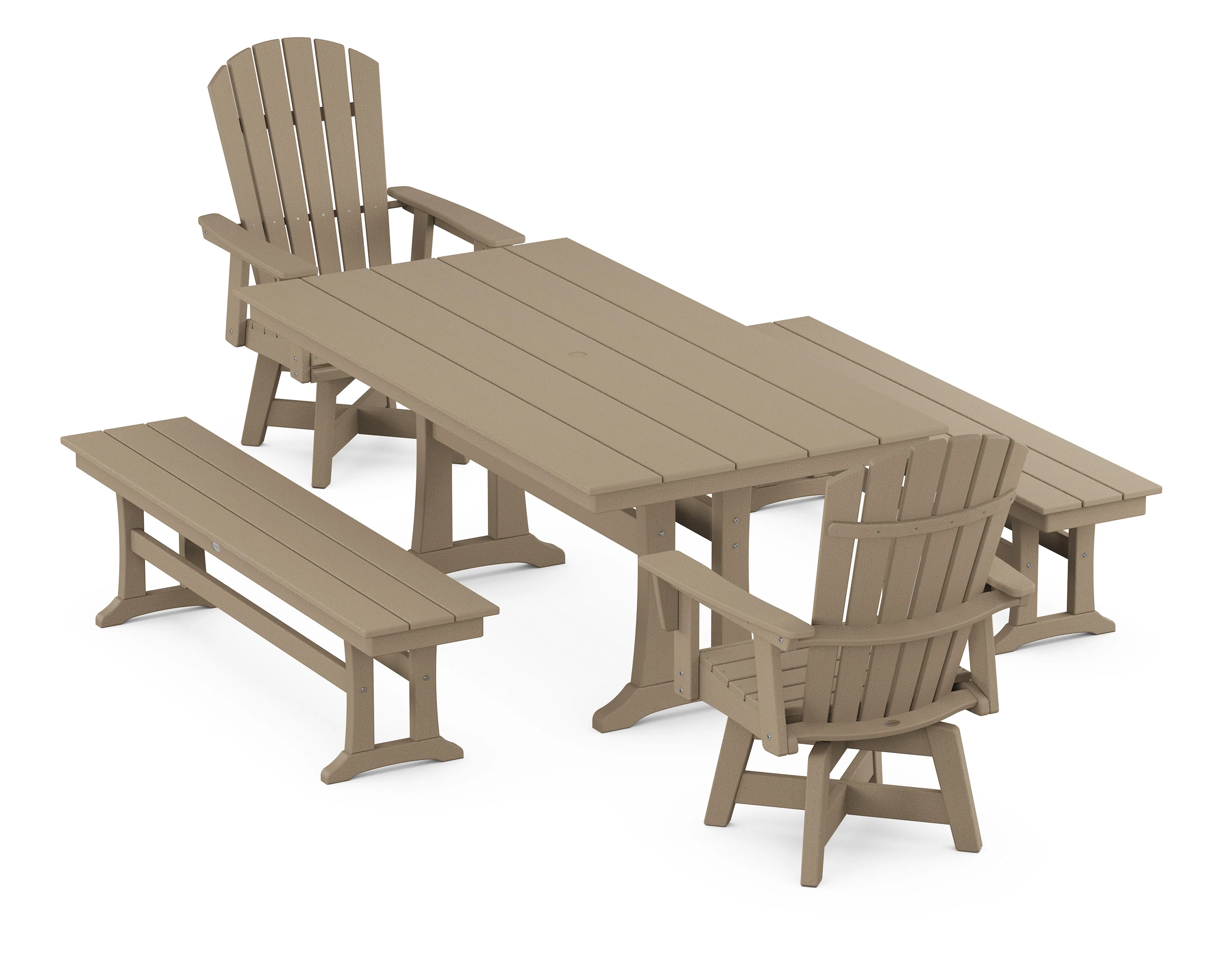 Nautical Curveback Adirondack Swivel Chair 5-Piece Farmhouse Dining Set With Trestle Legs and Benches - Image 7
