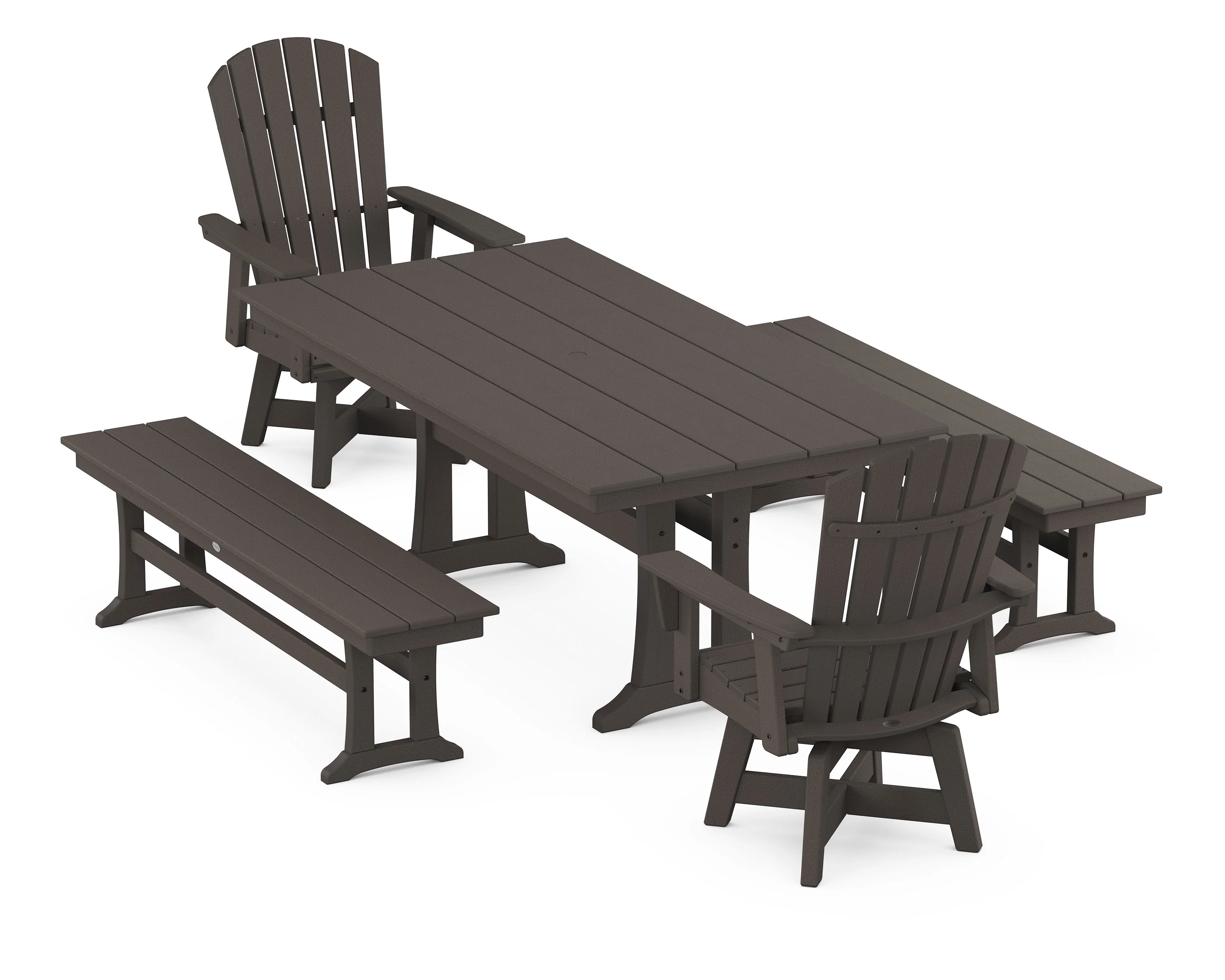 Nautical Curveback Adirondack Swivel Chair 5-Piece Farmhouse Dining Set With Trestle Legs and Benches - Image 8