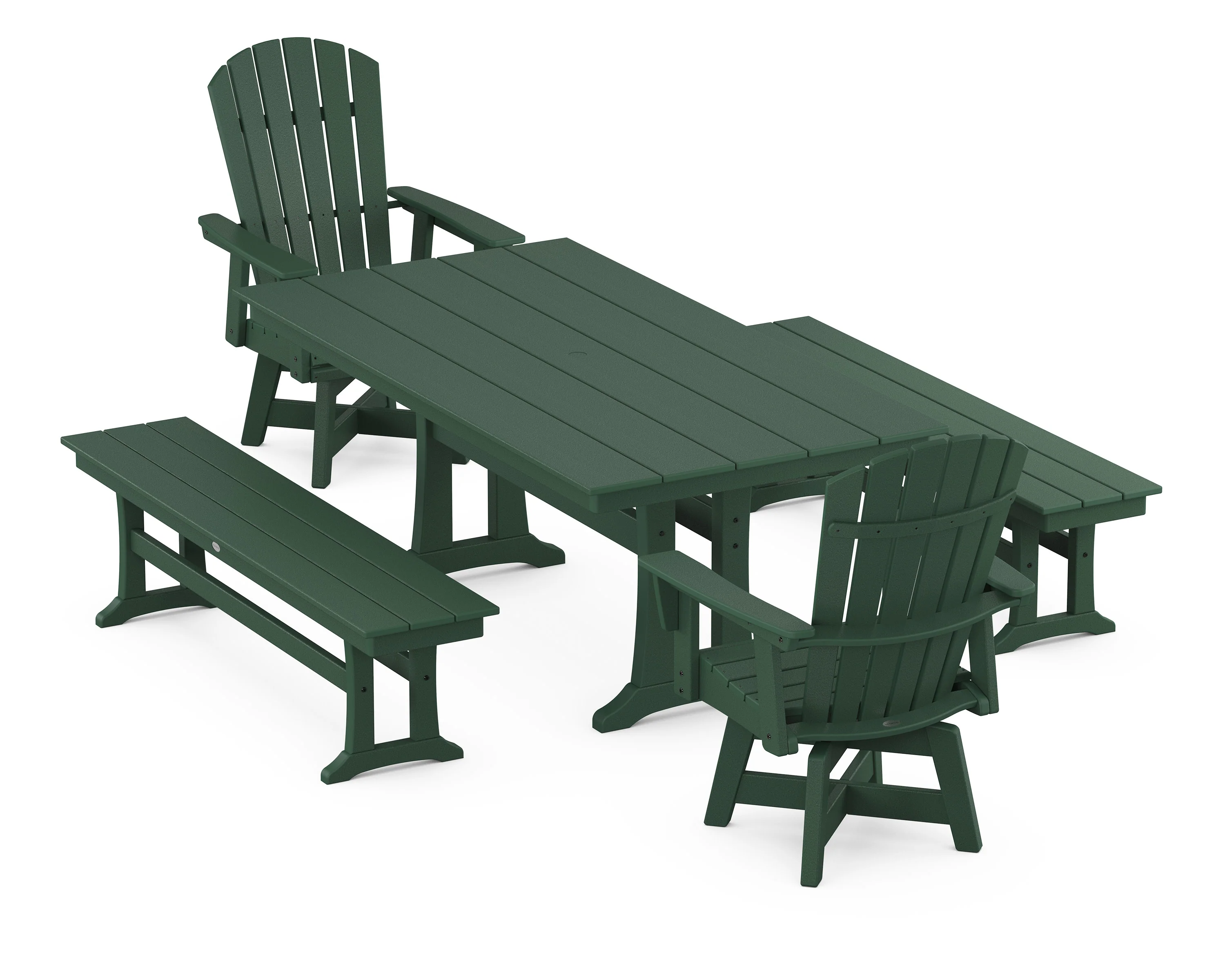 Nautical Curveback Adirondack Swivel Chair 5-Piece Farmhouse Dining Set With Trestle Legs and Benches - Image 9