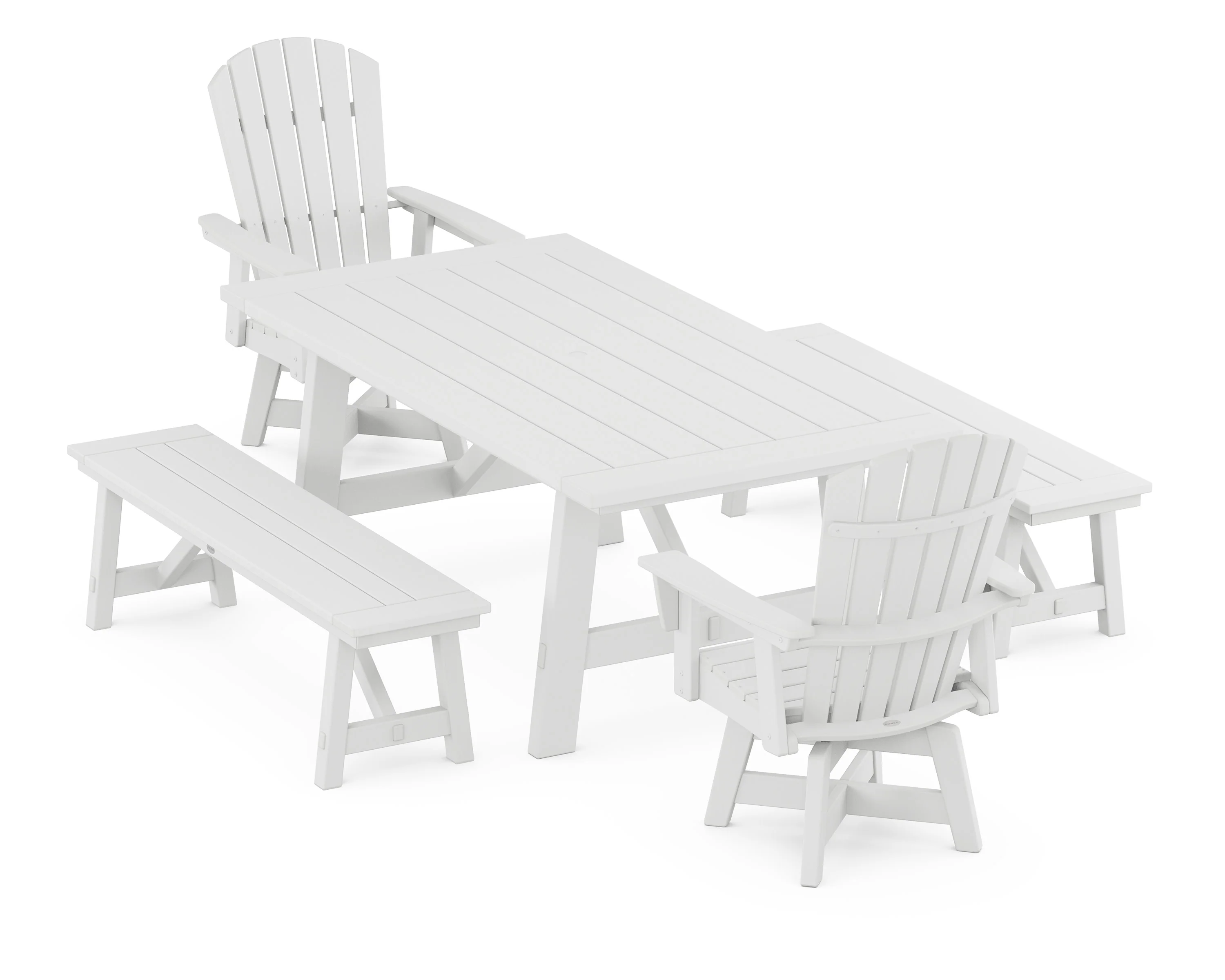 Nautical Curveback Adirondack Swivel Chair 5-Piece Rustic Farmhouse Dining Set With Benches - Image 10