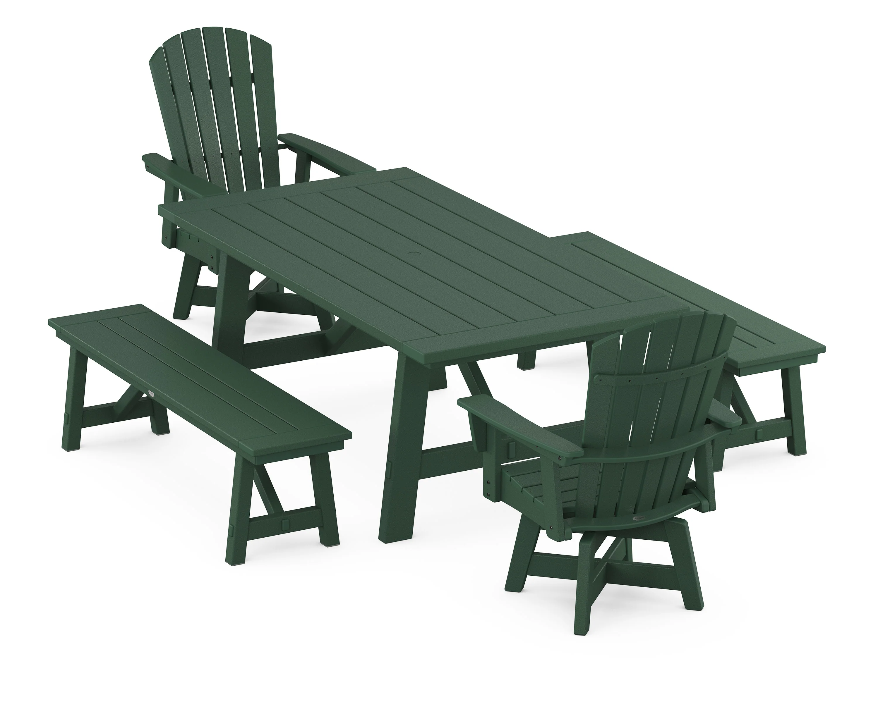 Nautical Curveback Adirondack Swivel Chair 5-Piece Rustic Farmhouse Dining Set With Benches - Image 12