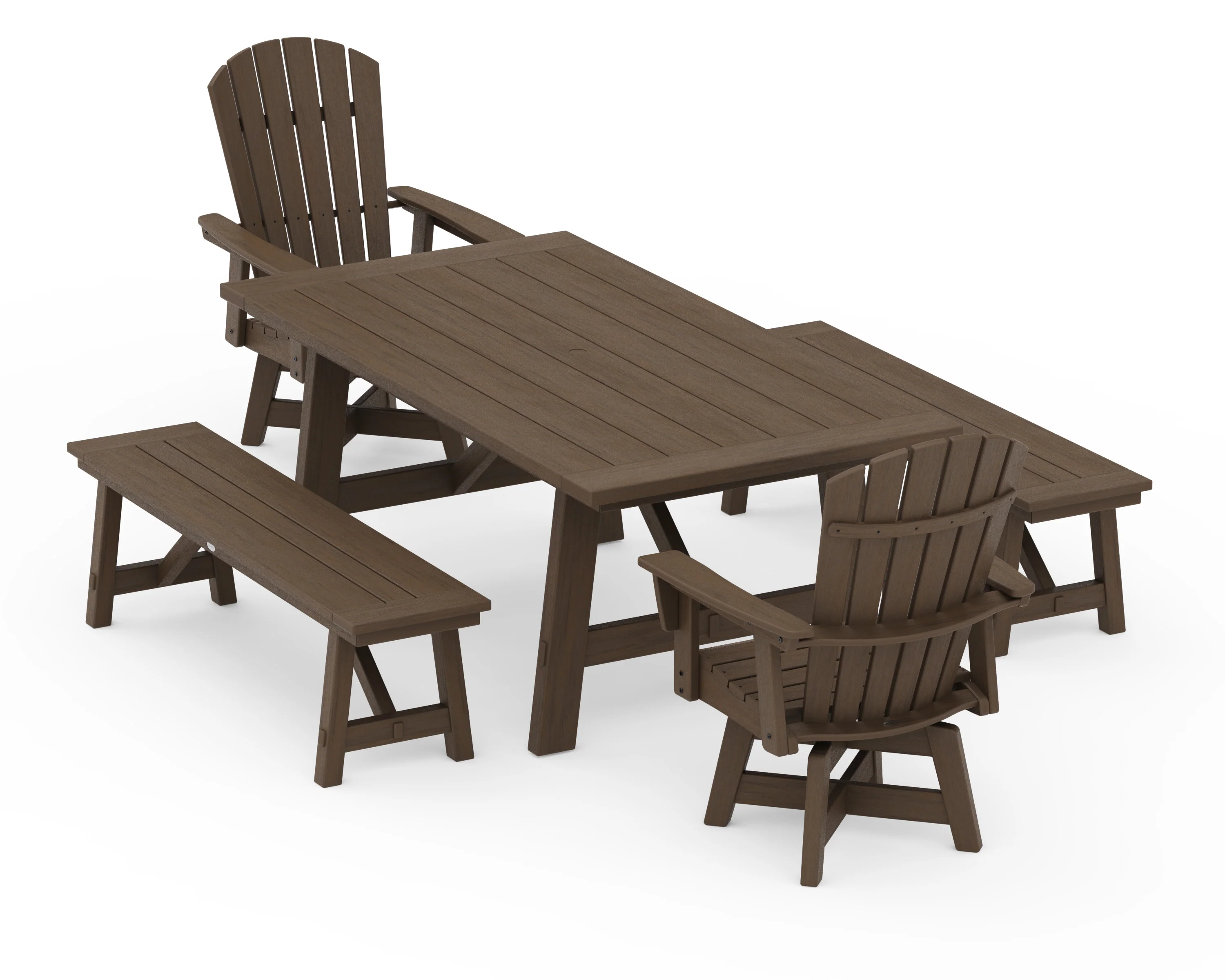 Nautical Curveback Adirondack Swivel Chair 5-Piece Rustic Farmhouse Dining Set With Benches - Image 14