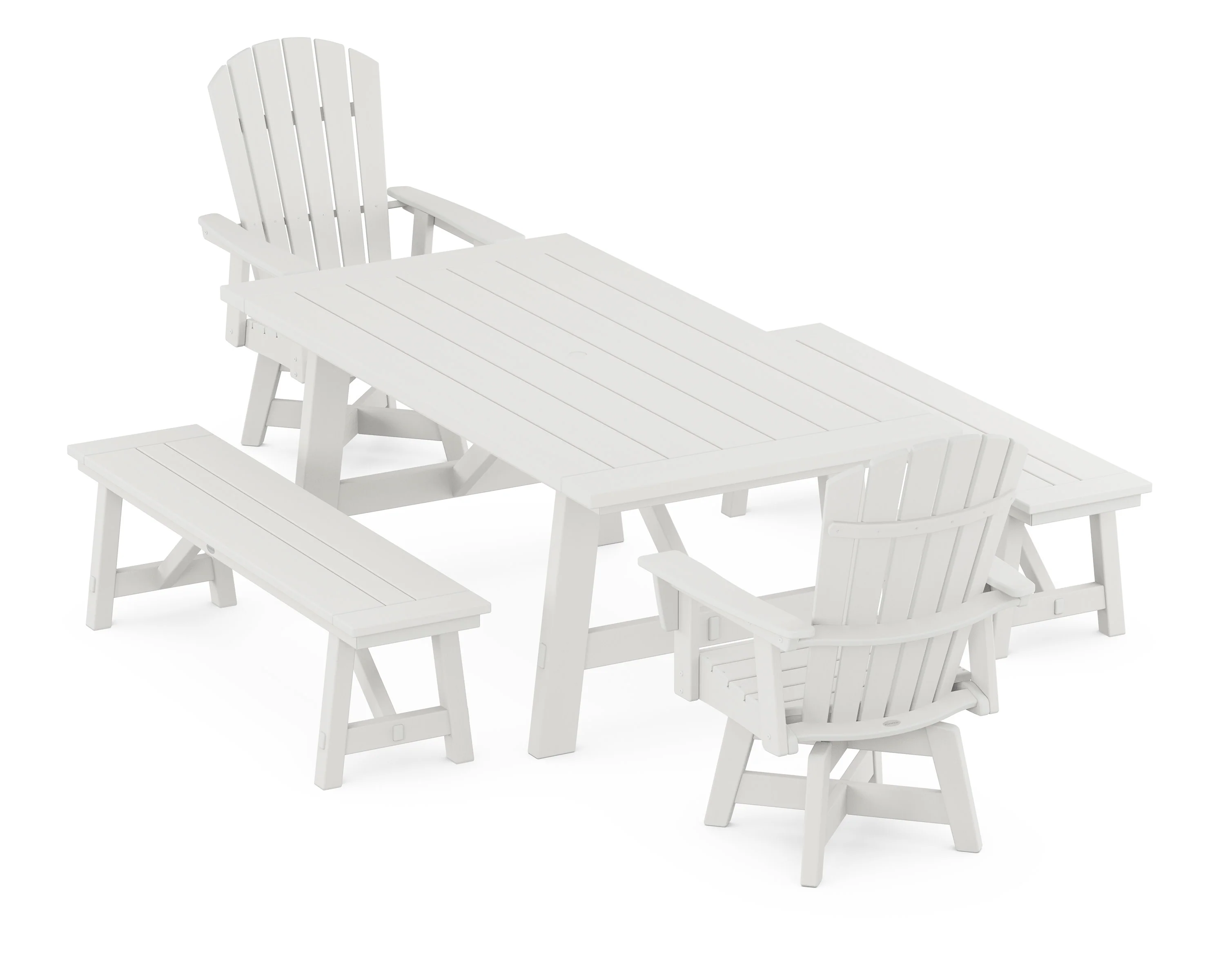 Nautical Curveback Adirondack Swivel Chair 5-Piece Rustic Farmhouse Dining Set With Benches - Image 4