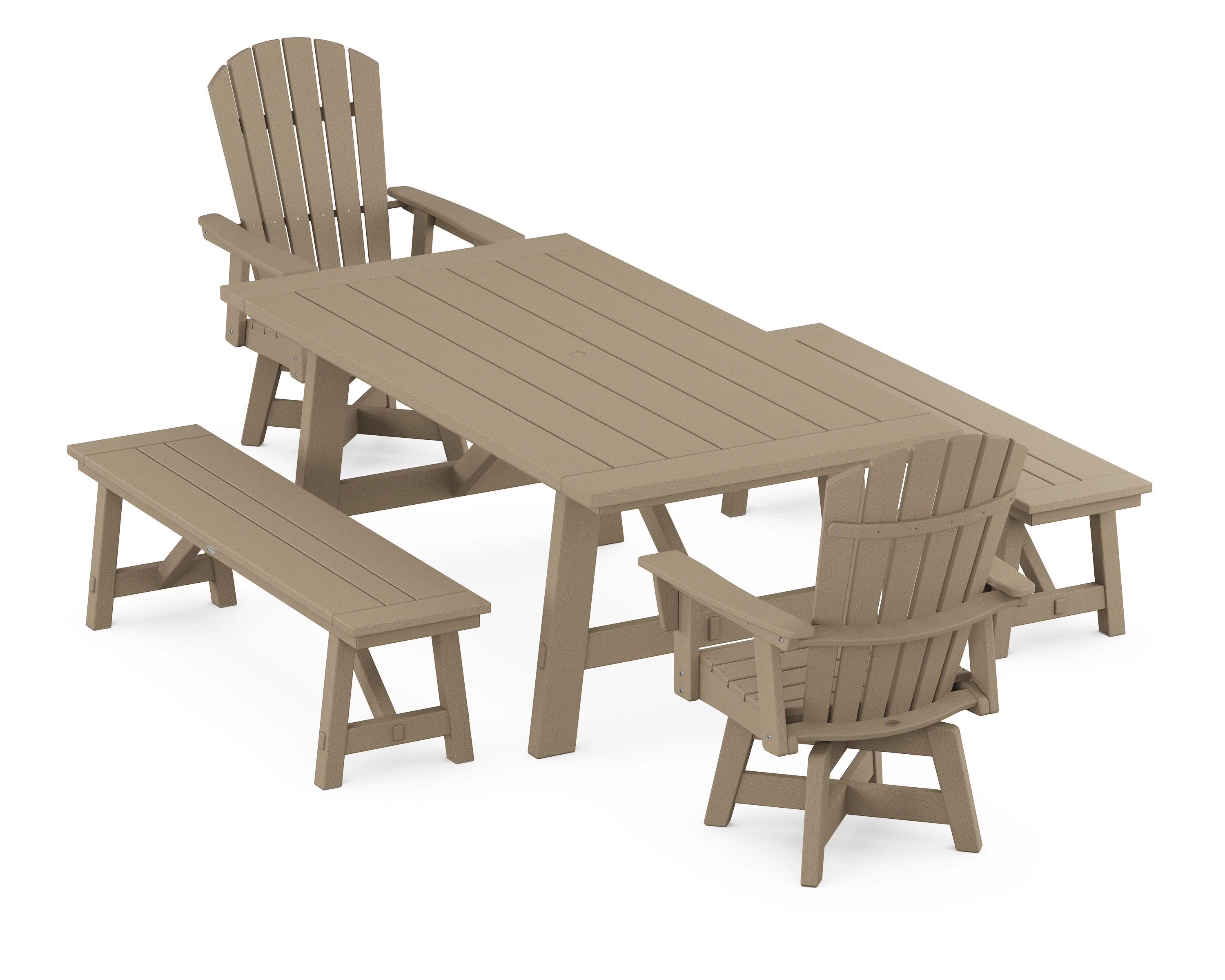 Nautical Curveback Adirondack Swivel Chair 5-Piece Rustic Farmhouse Dining Set With Benches - Image 5