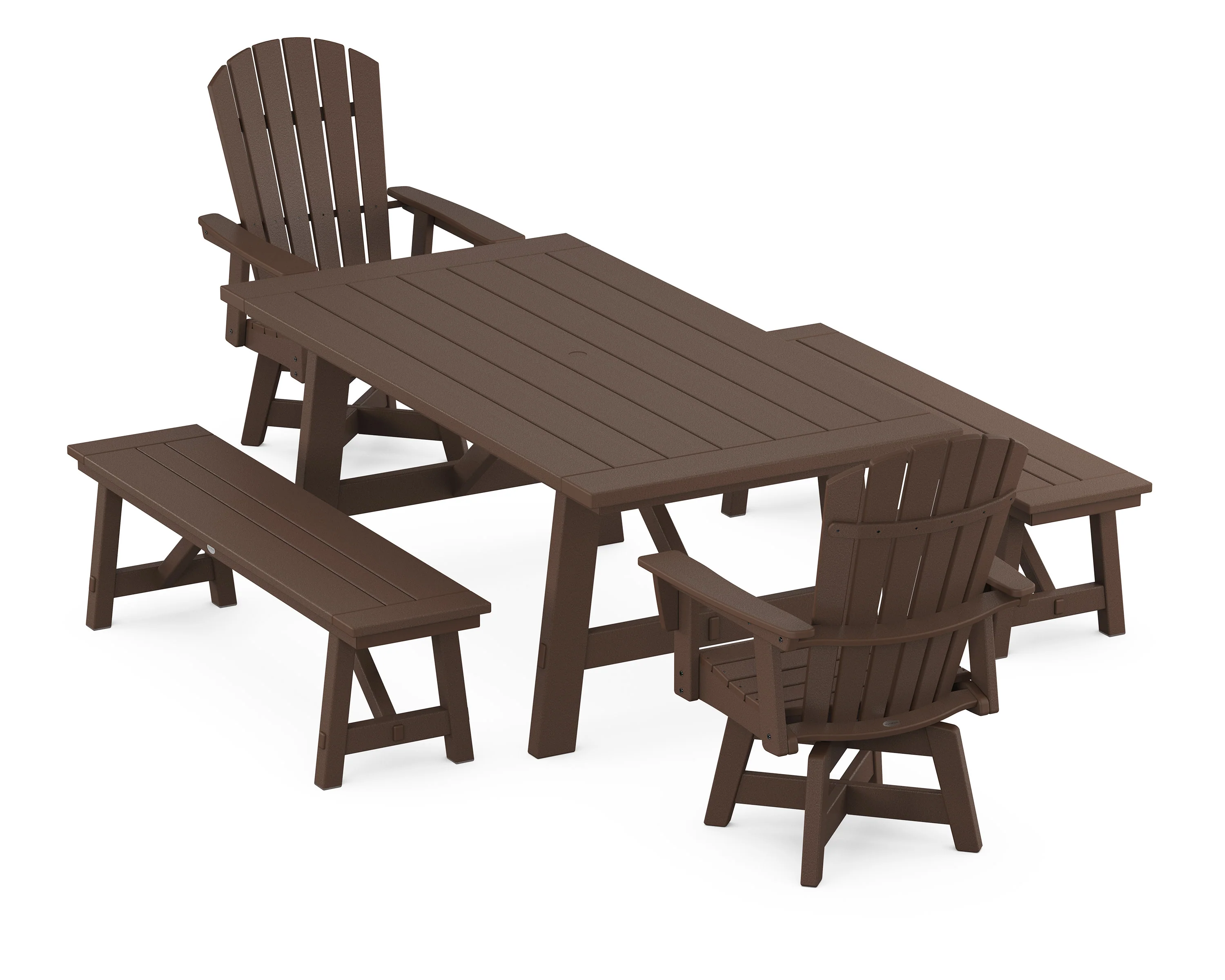 Nautical Curveback Adirondack Swivel Chair 5-Piece Rustic Farmhouse Dining Set With Benches - Image 7