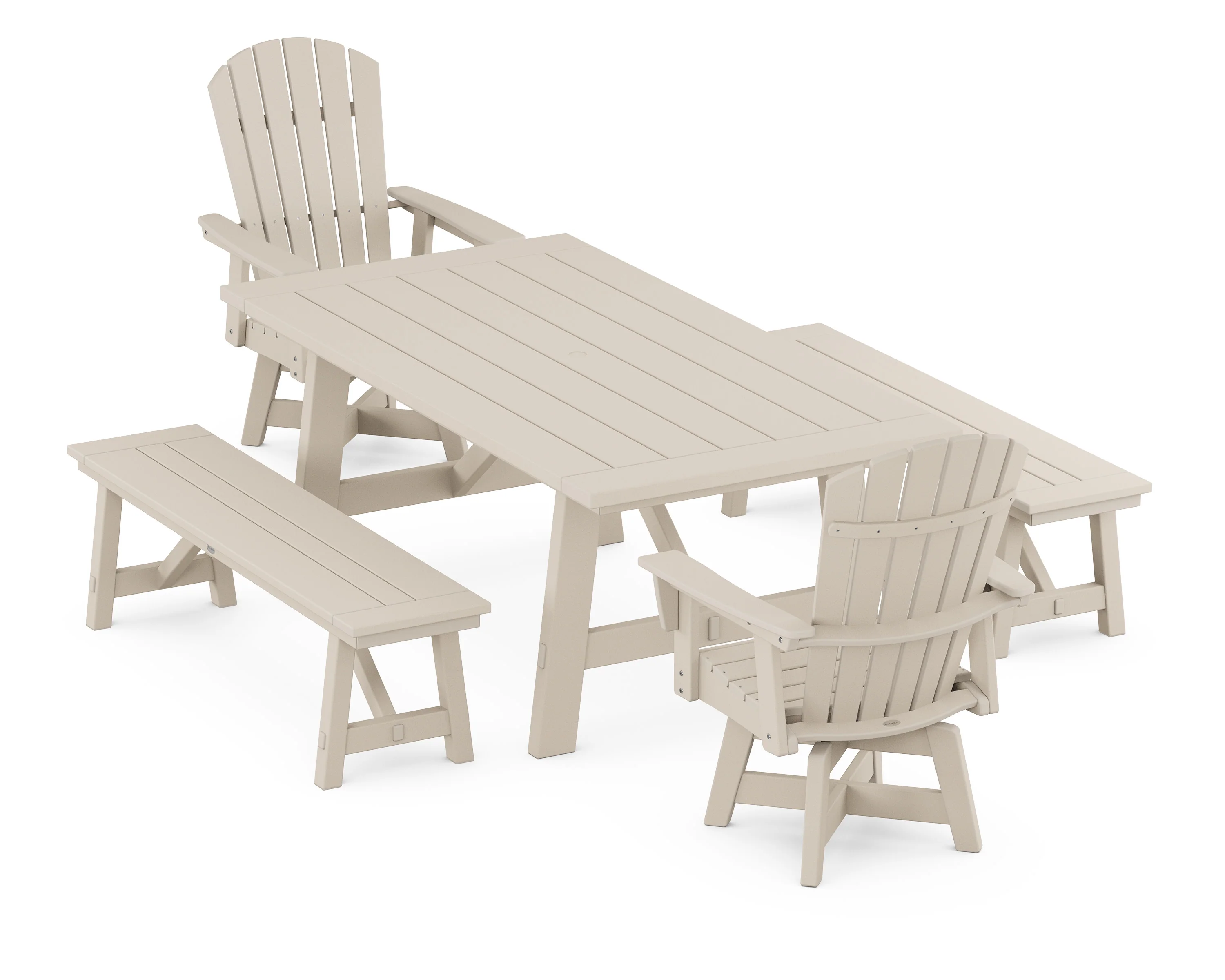 Nautical Curveback Adirondack Swivel Chair 5-Piece Rustic Farmhouse Dining Set With Benches - Image 8